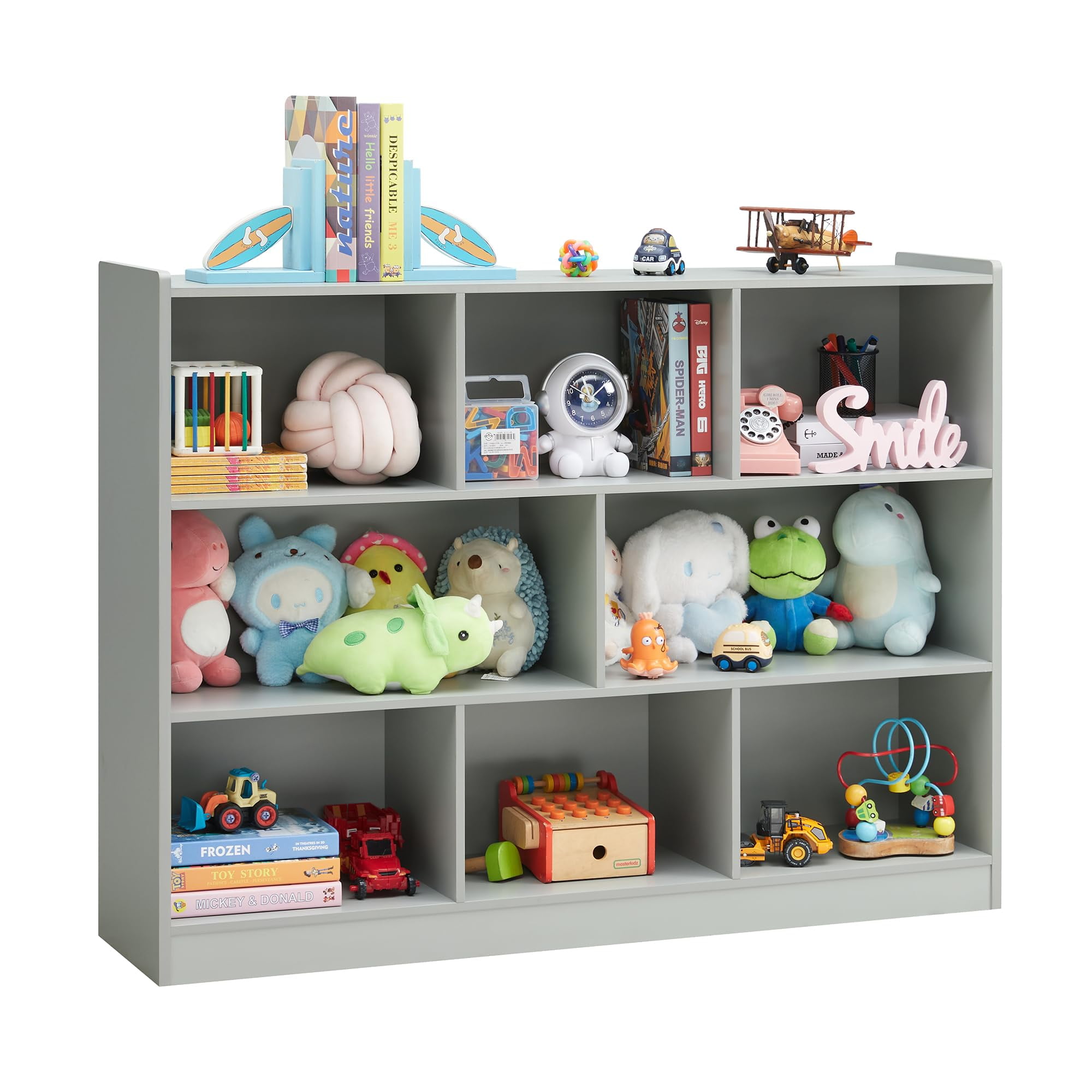 3-Tier Bookshelf, 8-Section Wooden Bookcase, Storage Organizer with Anti-Tilt Device, Modern Storage Display Cabinet for Living Room, Classroom, Kid’s Room (White)