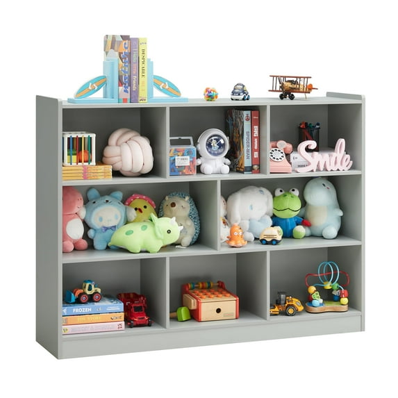 3-Tier Bookshelf, 8-Section Wooden Bookcase, Storage Organizer with Anti-Tilt Device, Modern Storage Display Cabinet for Living Room, Classroom, Kid’s Room (White)