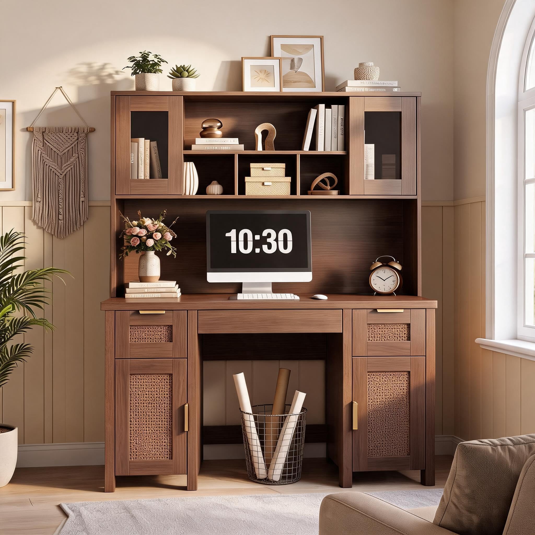 3-Tier Bookshelf Desk, Wooden Office Writing Table with Storage Shelves ...