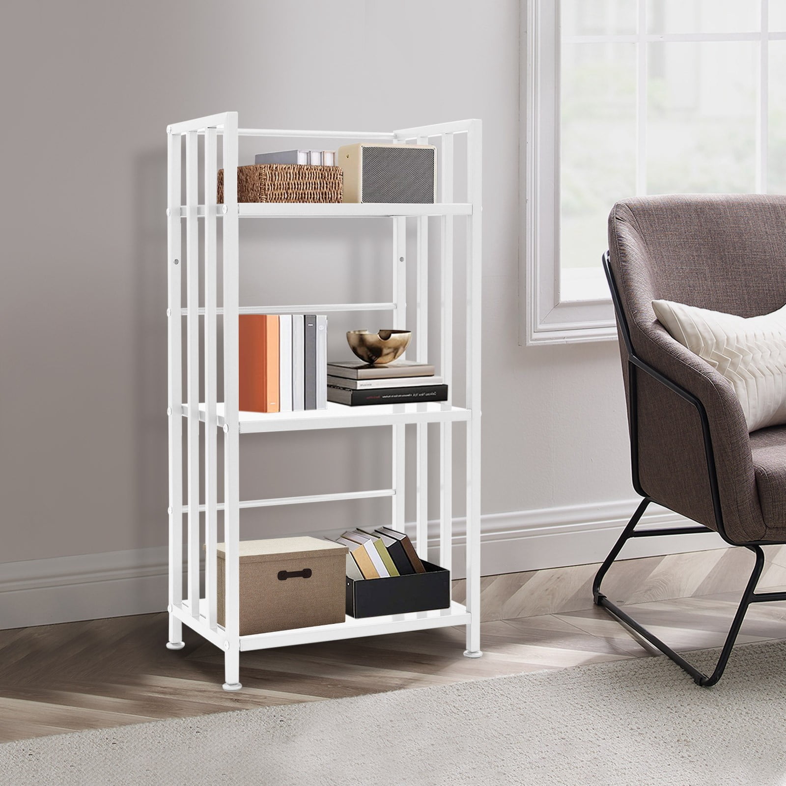 3-Tier Bookshelf Floor Standing, White Modern Iron Display Rack 30 lbs ...