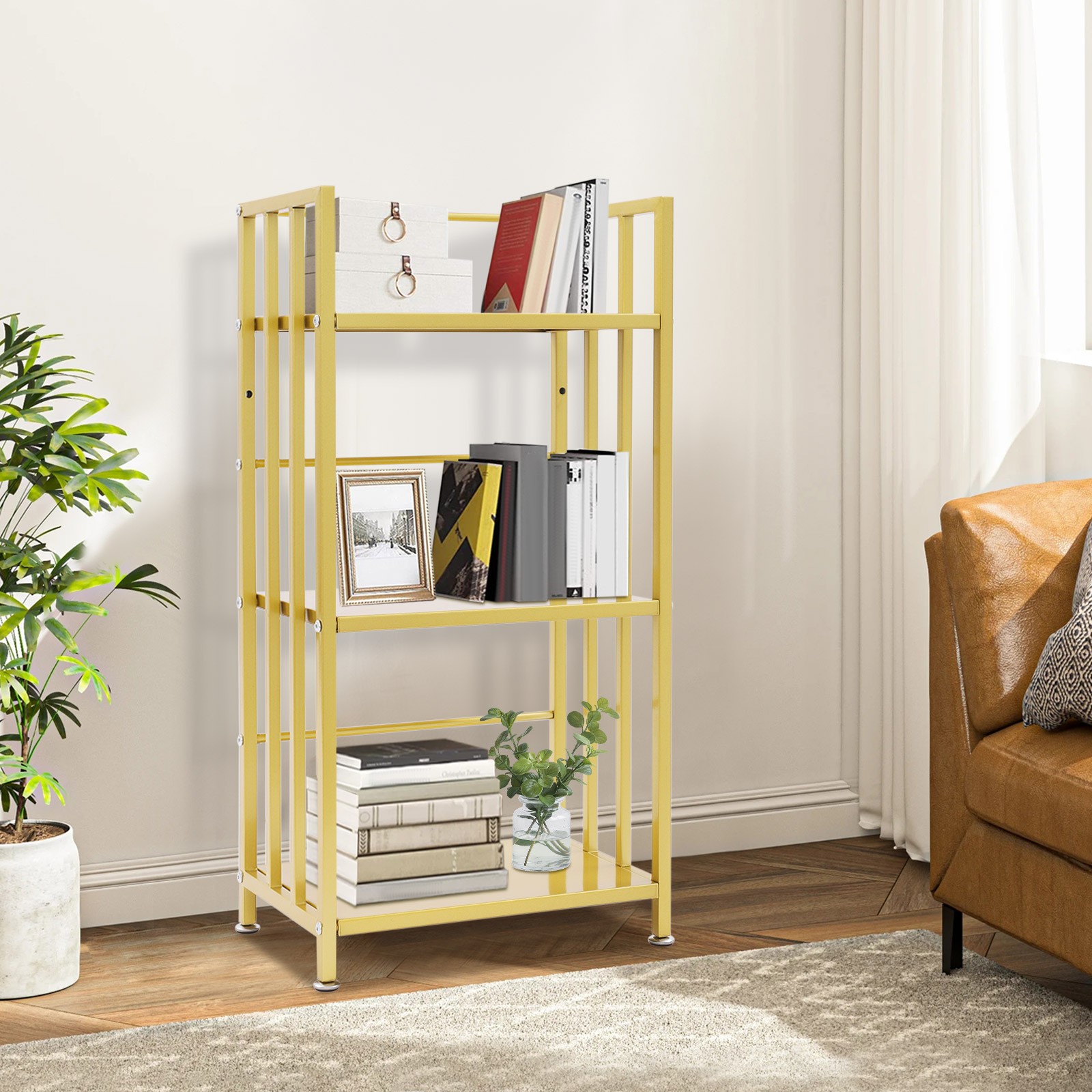 3-Tier Bookshelf Floor Standing, White/Gold, Modern Iron Display Rack ...