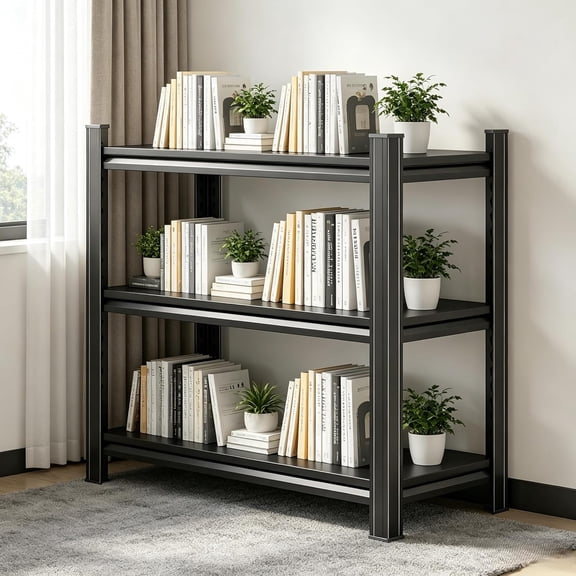 3 Tier Bookshelf Metal Book Shelf Adjustable Printer Stand, 28"W x 14"D x32"H Open Storage Shelves, Heavy Duty Storage Rack Utility Shelving Unit for Office Home, Easy Assembly, Black