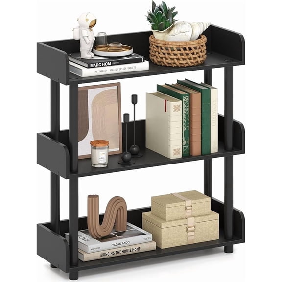 3-Tier Bookshelf, Multipurpose Wood Standing Display Rack with Back and Side Panels, Industrial Open Bookcase, Storage Organizer for Living Room Kitchen Office (Black, 1 Pack, 3-Tier)