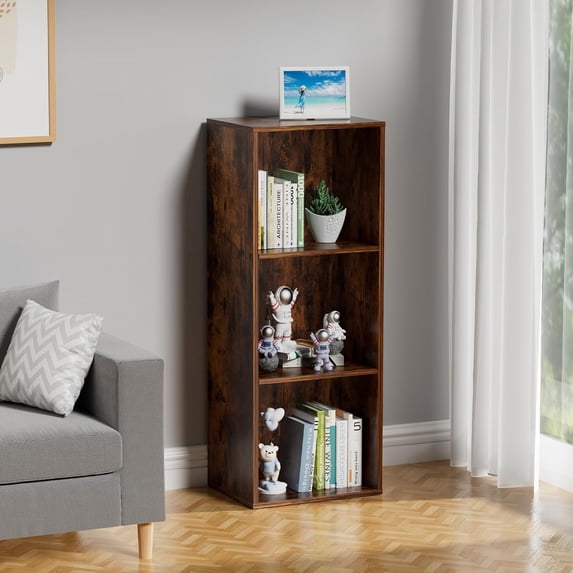 3 Tier Bookshelf, Narrow Bookcase for Small Spaces, Wooden Book Case Bookshelves Storage Organizer for Bedroom Living Room Home Office (Retro Brown, 3 Cube)