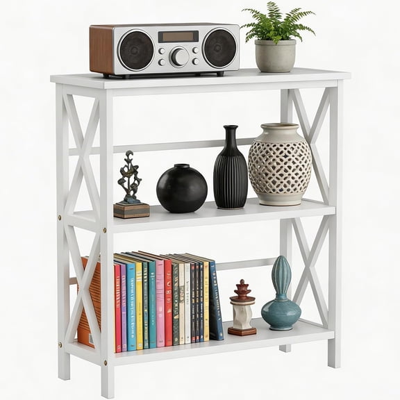 3 Tier Bookshelf, Short Book Shelf Organizers with Wood Shelves, Sturdy Frame, X-Design Storage Organizer for Living Room, Home Office, Bedroom, White