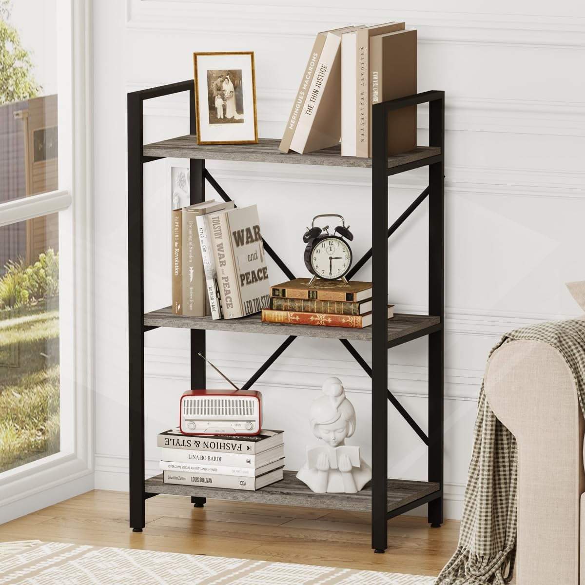 Dark Grey Oak 3-Tier Industrial Wood and Metal Bookshelf