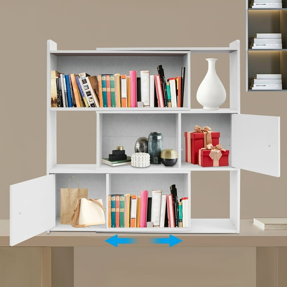 3 Tiers 2 Cabinets Retro Bookshelf, Stretchable Bookcase, Modern Bookshelf Density Boards(Warm White)