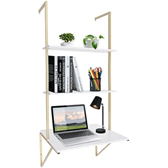 3-Tier Bookshelf, Wall Mounted Shelf, Computer Shelf Desk, Floating Bookshelf, Computer Desk for Small Space, Open Storage Rack and Display Shelves for Living Room, Bedroom