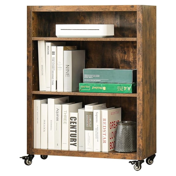 3-Tier Bookshelf with Wheels Book Storage Organizer Bookcase Movable Standing Fixed Shelves Adjustable Shelf Display Shelves Cabinet for Living Room/Bedroom/Office (Antique Brown)