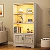 3-Tier Bookshelf with Cabinet and LED Lights, Freestanding Bookcase Storage Shelf with Motion Sensor Lighting for Bedroom, Living Room, Home Office