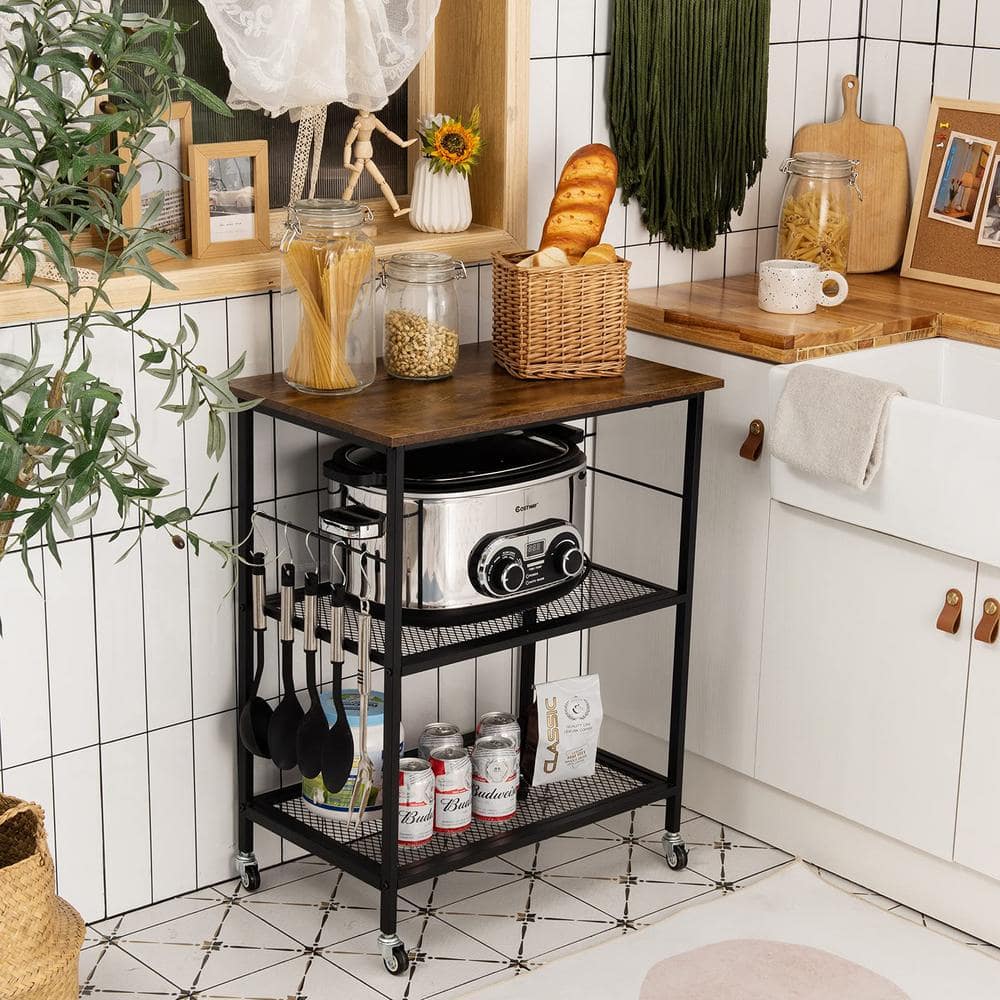 3-Tier Brown Kitchen Serving Cart Utility Standing Microwave Rack with ...