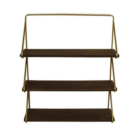 3-Tier Brown Wood Wall Shelf with Gold Frame