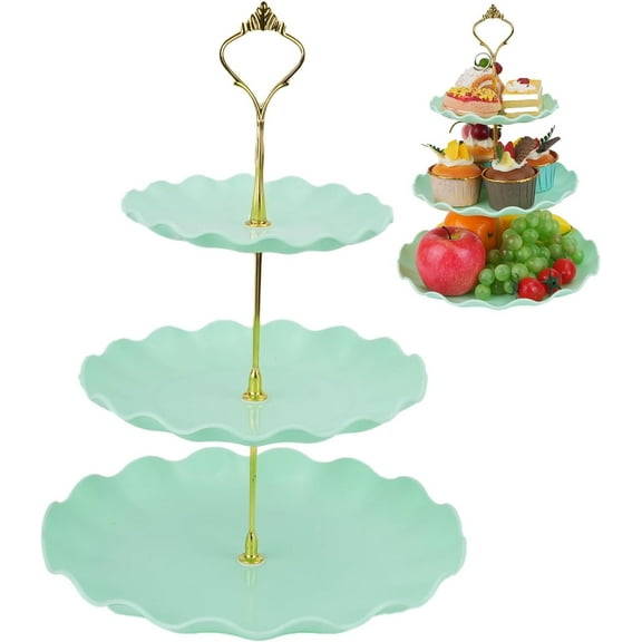3 Tier Cake Stand, Plastic Cupcake Tiered Serving Tray with Metal Rod Handle, Dessert Tower Table Display Holder for Birthday Tea Party Baby Shower Decor Wedding Home