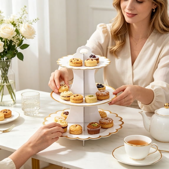 3-Tier Cardboard Cupcake Stand with Gold Rim Accent, Disposable Dessert Tower for Birthday Parties and Showers, Tiered Display Stand for Sweet Treats and Party Decorations