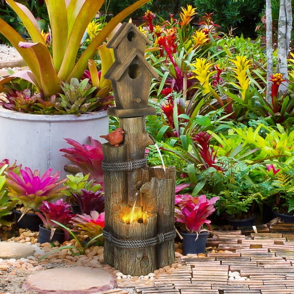 3-Tier Cascading Bird Bath Fountain with Birdhouse, LED Lights, Rustic Tree Trunk Design for Garden Patio Deck, Brown Resin 34.75 H