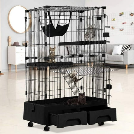 3-Tier Cat Cage Small Playpen Box Kennel Crate with 2 Front Doors, 52.3 Inch Height Cat House Furniture, Black