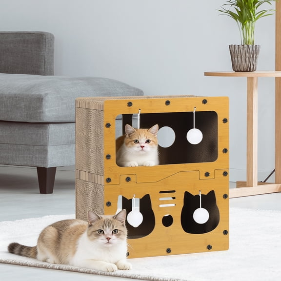 3‑Tier Cat House with Cat Head Entrances, 17.7" Cat Bed with Hanging Ball Toys & Scratching Pad for Indoor Cats Up to 22 lbs