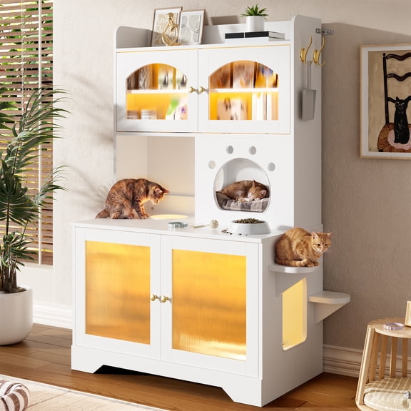 3-Tier Cat Litter Box Enclosure with Storage Cabinet, Hidden Cat Washroom Furniture with Fluted Glass Doors & Climbing Platforms, Indoor Pet House & Cat Tree Combo for Food, White