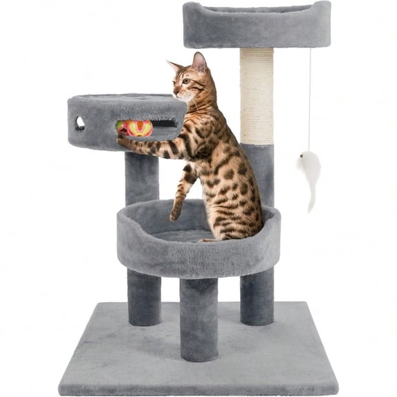 3-Tier Cat Tower with Sisal Rope Scratching Post 2 Carpeted Napping Perches Hanging Mouse and Interactive Toy for Indoor Cat Use by Gray