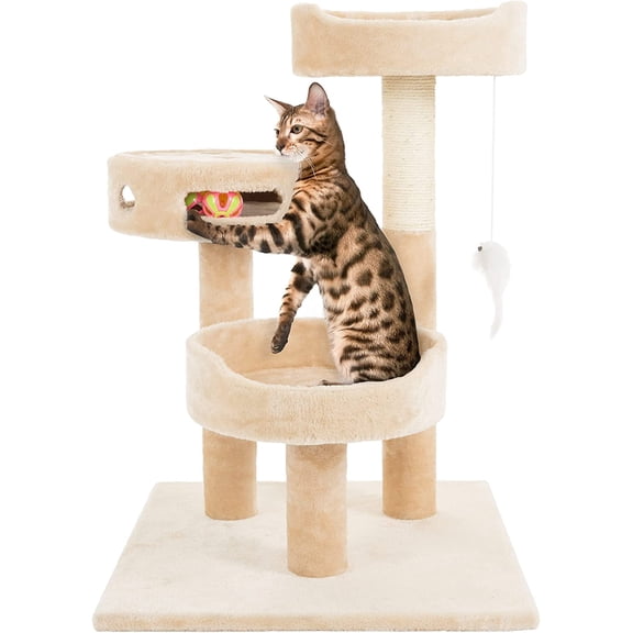 3-Tier Cat Tower with Sisal Rope Scratching Post, 2 Carpeted Napping Perches, Hanging Mouse, and Interactive Toy for Indoor Cat Use by