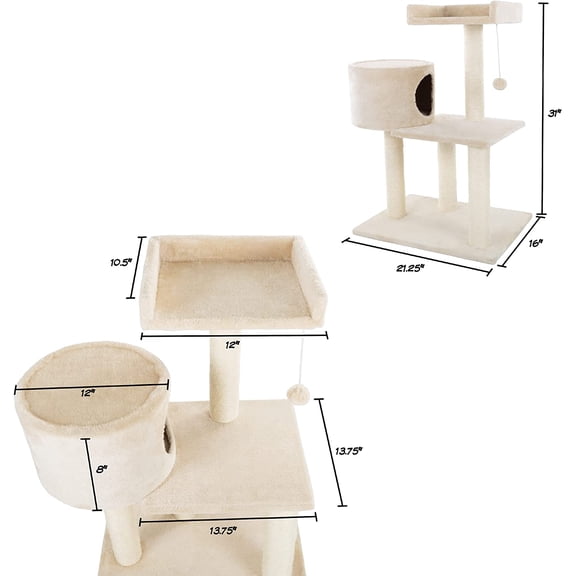 3-Tier Cat Tree with Sisal Rope Scratching Posts and Hanging Toy - Beige