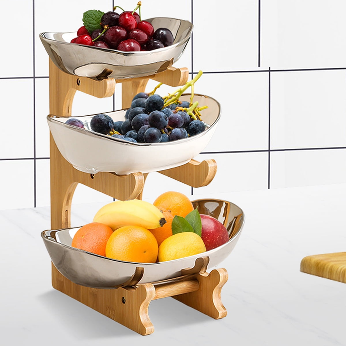 Tier Ceramic Fruit Basket with Bamboo Wood StandVegetable Fruit
