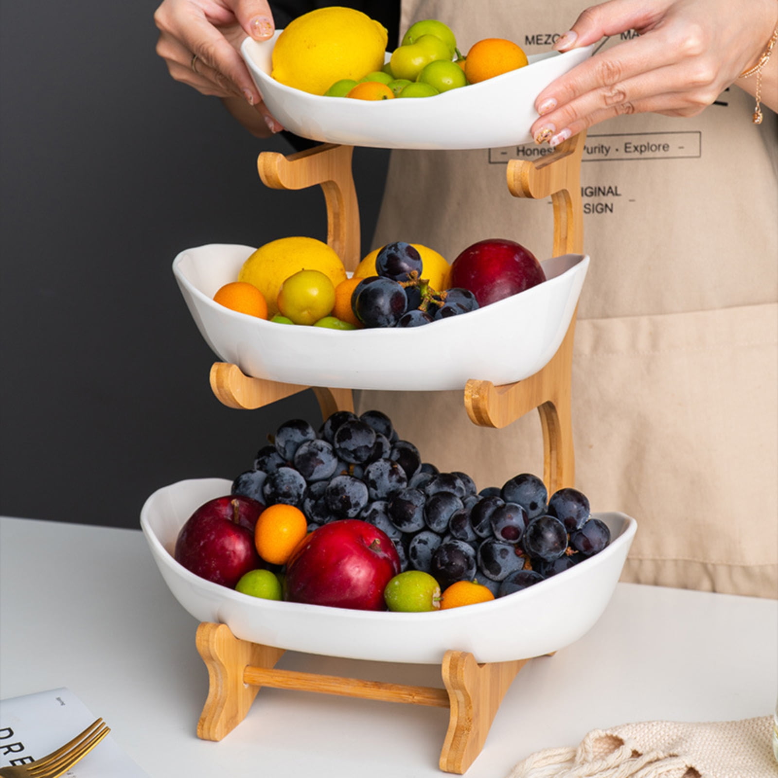 3 Tier Ceramic Fruit Basket with Bamboo Wood StandVegetable Fruit Bowl for Kitchen Counter, White