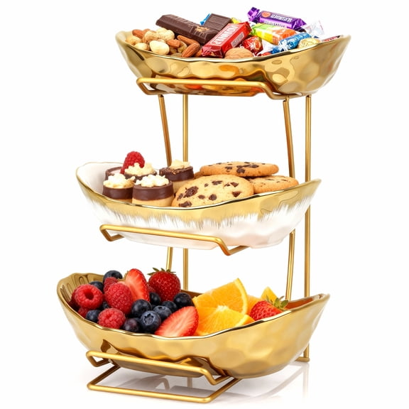 3 Tier Ceramic Fruit Bowl for Kitchen Counter – Fruit Basket with Gold Metal Stand, Fruit Holder for Snacks, Nuts, Cakes, Desserts, Bread, Candy Storage