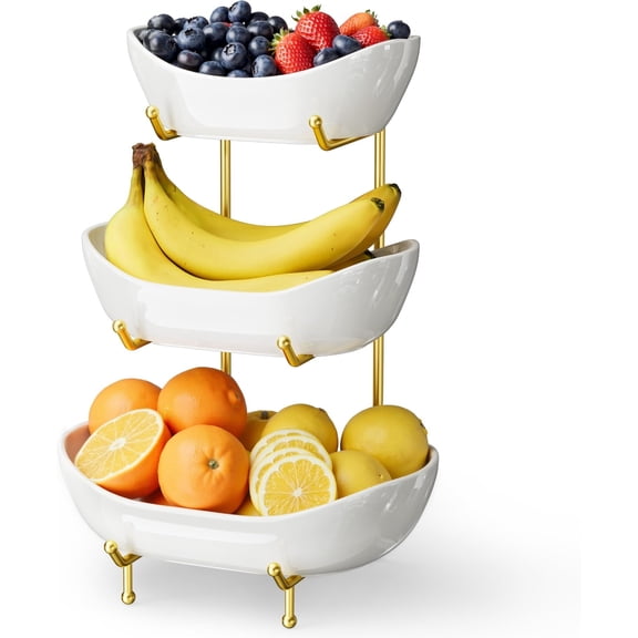 3 Tier Ceramic Fruit Bowl for Kitchen Counter - Fruit Basket with Metal Stand, Fruit Holder for Snacks, Nuts, Cakes, Desserts, Bread, Candy Storage