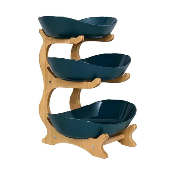 3 Tier Ceramic Fruit Bowl with Wood Stand Modern Snack Candy Bowl for Coffee Table Kitchen Dining Party Serving Dish