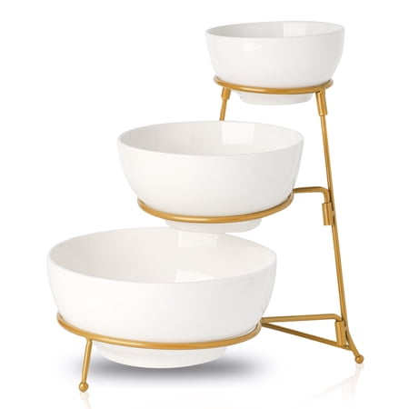 3 Tiered Round Serving Bowl With Collapsible Metal Rack, Dessert Appetizer, Candy Chip Dip, Fruit, Vegetable Bowl Set, 3-Tier Serving Set For Entertaining Party(Gold Stand)