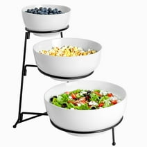3 Tier Ceramic Serving Bowl Set with Metal Rack, 3 Tier Serving Stand Chip and Dip Bowl Set, Tied Serving Tray Food Display Dessert, White Serving Bowl Tiered Serving Stand