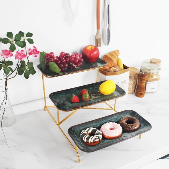 3-Tier Ceramic Serving Stand with Gold  and 14.4 Inch Plates for Cake Dessert Fruit Display Party Entertaining