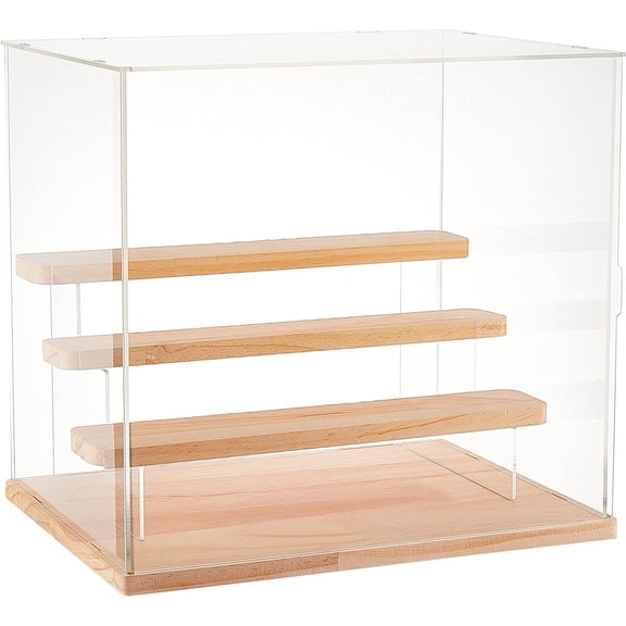 3 Tier Clear Acrylic Display Case 12.6x10.2x11.4 Figures Wooden Display Boxes Countertop Box Storage Cube Organizer Dustproof Protection Showcase for Action Pop Figures Collectibles for DIY