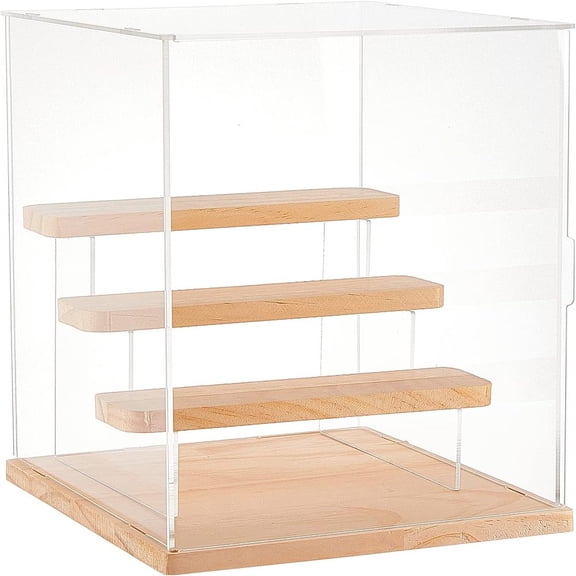 3 Tier Clear Acrylic Display Case 9.25x8.6x10.6 Figures Wood Display Boxes Countertop Box Storage Cube Organizer Dustproof Protection Showcase