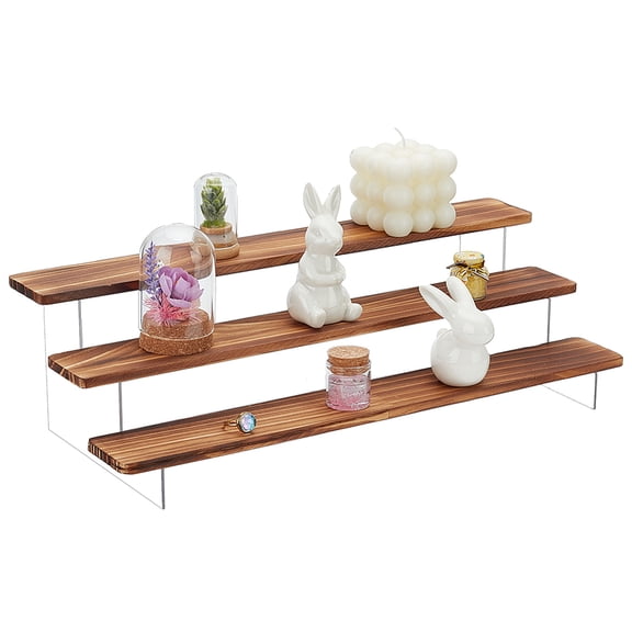 3-Tier Clear Acrylic Minifigures Display Riser Wooden Tiered Organizer Holder for Models Building Blocks Display Holder Rectangle Saddle Brown Finishde Product: 16.6x39.7x11.5cm