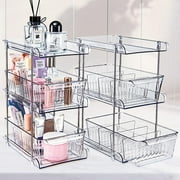 3 Tier Clear Bathroom Organizer with Dividers 2 Pack, Multi-Purpose Slide-Out Storage Container,Bathroom Vanity Counter Organizing Tray,Under Sink Organizers and Storage