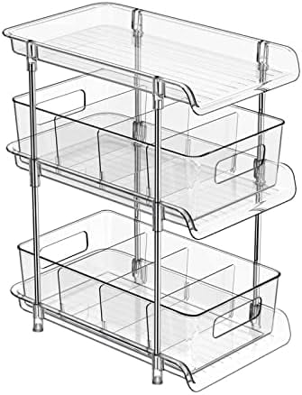 3 Tier Clear Bathroom Organizer with Dividers, Multi-Purpose Pull-Out Pantry Organization and Storage, Under Sink Closet Organizers and Storage, Vanity Skincare Cosmetic Organizer Medicine Bins