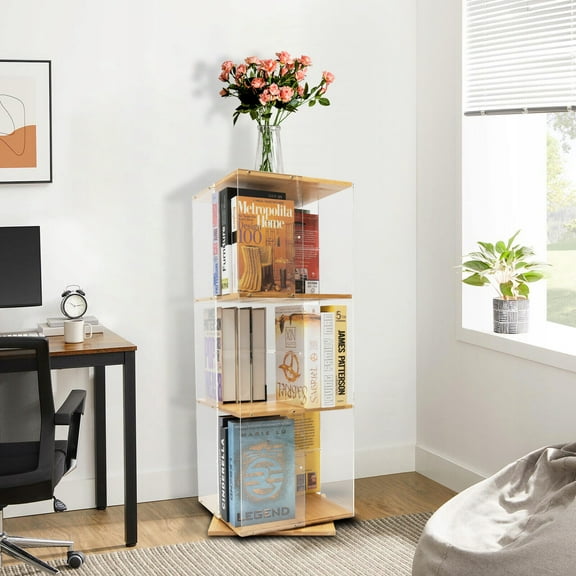 3 Tier Clear Freestanding Bookshelf,Acrylic Bookcase Book Display Storage Shelf 6* Book-Blocking Strips for Dance Studios, Study Rooms