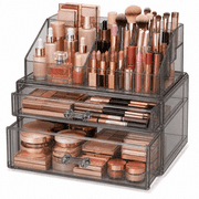 3-Tier Clear Makeup Organizer with 2 Drawers for Vanity Countertop, Divided Cosmetic Storage for Lipstick, Brushes, Palettes and Skincare