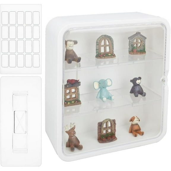 3-Tier Clear Plastic Display Case for Figures White 11x4.3x11.8 Inch Tabletop Wall Mount for DIY
