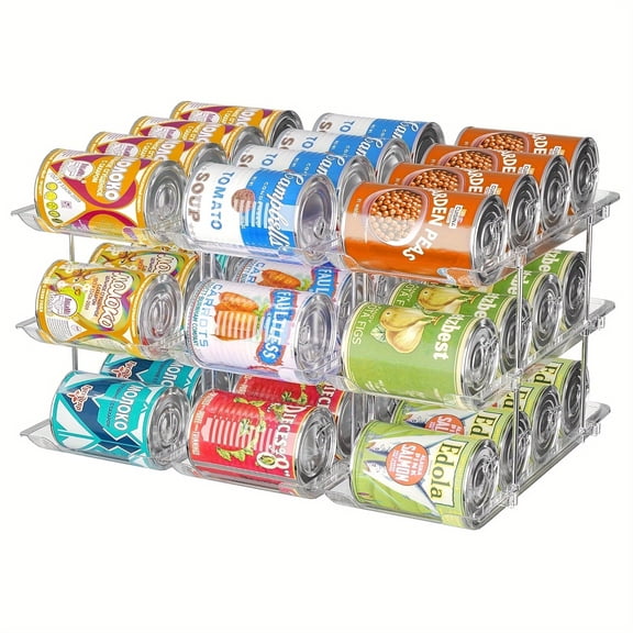 3-Tier Clear Plastic Rolling Can Organizer Rack for Pantry or Refrigerator, Stackable Space-Saving Storage for 36 Canned Beverages and Foods, Automatic Rolling Dispenser System