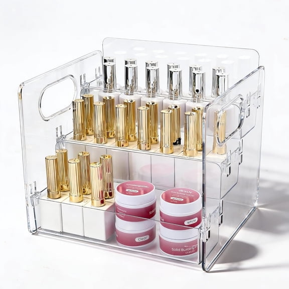 3-Tier Clear Polish Organizer Rack - Extra Wide Storage Display Stand for Polish, Essential Oils & Makeup with Built-in Handles