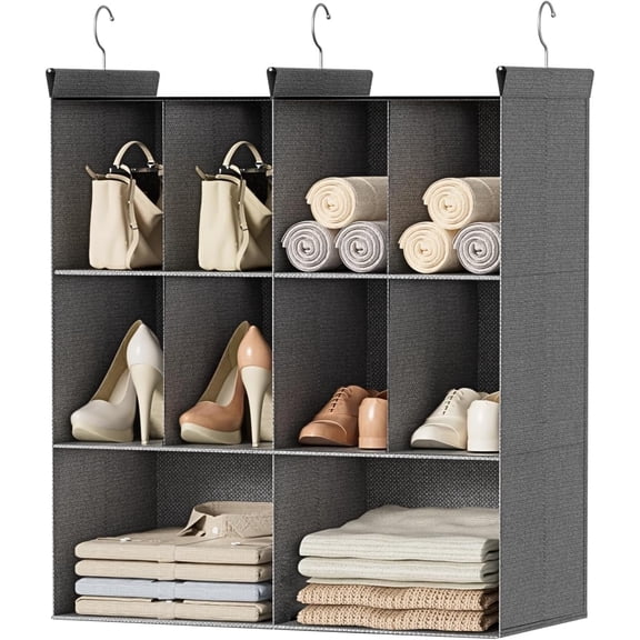 3 Tier  Closet Organizer, 10 Compartments Sweater Organizer for Closet with 3 Sturdy Hooks, Closet Organizers and Storage, Wardrobe, Rv, Garment Rack, Grey