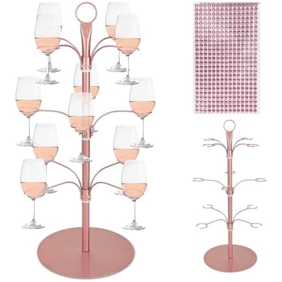 3 Tier Cocktail Tree Stand, Champagne Tower with 12 Holders, Metal Glasses Holder with Crystal Stickers for Cocktails Martini Wine, Drink Display Tree for Home Bar Wedding Party