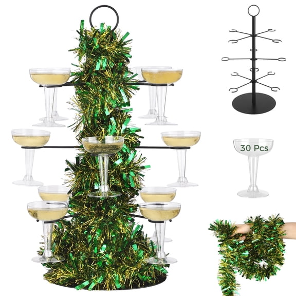 3 Tier Cocktail Tree Stand, Metal Drinks Display Tower Kit with 30 Clear Disposable Champagne Cups, Green Garland Included, Portable Party Beverage Server for Wedding, Birthday, Christmas Events