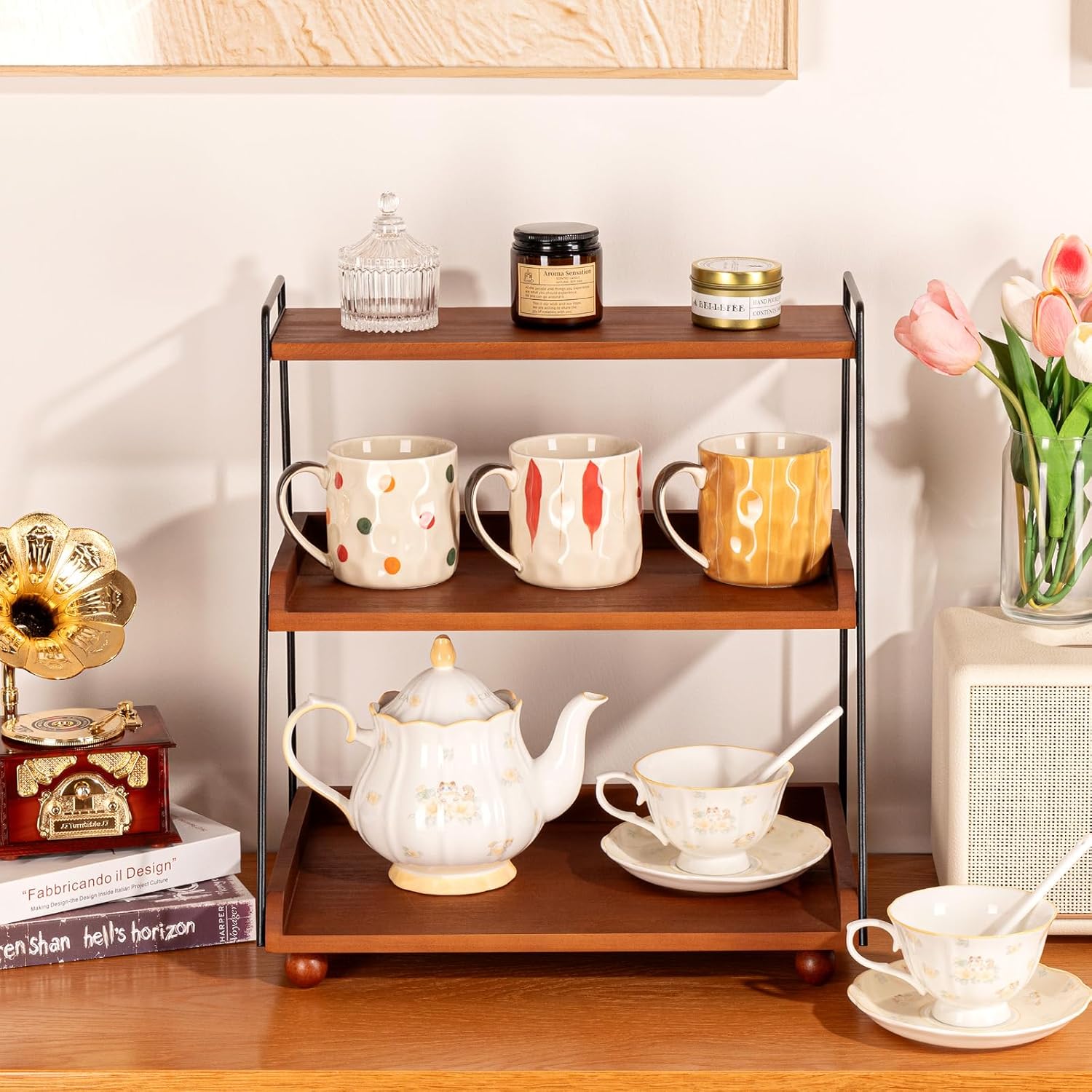 3 Tier Coffee Bar Accessories and Organizer Shelf,Wooden Coffee Station ...