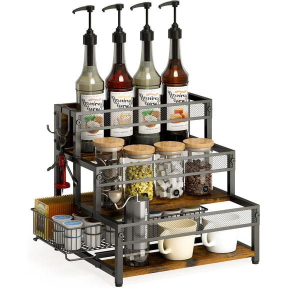3 Tier Coffee Syrup Rack Organizer, 12 Water Bottles Holder Stand Liquor Cabinet Storage, Wine Rack Countertop Storage Rack Coffee Bar Cabinet for Kitchen