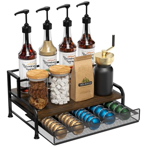 3-Tier Coffee Syrup Rack Organizer with Drawer, Holds 8 Bottles & 30-40 ...