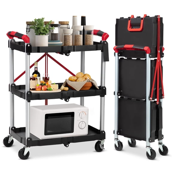3-Tier Collapsible Service Cart with 2 Lockable Wheels,Folding Utility Carts 56 Lbs Load Capacity per Shelf for Home Commercial Office Warehouse